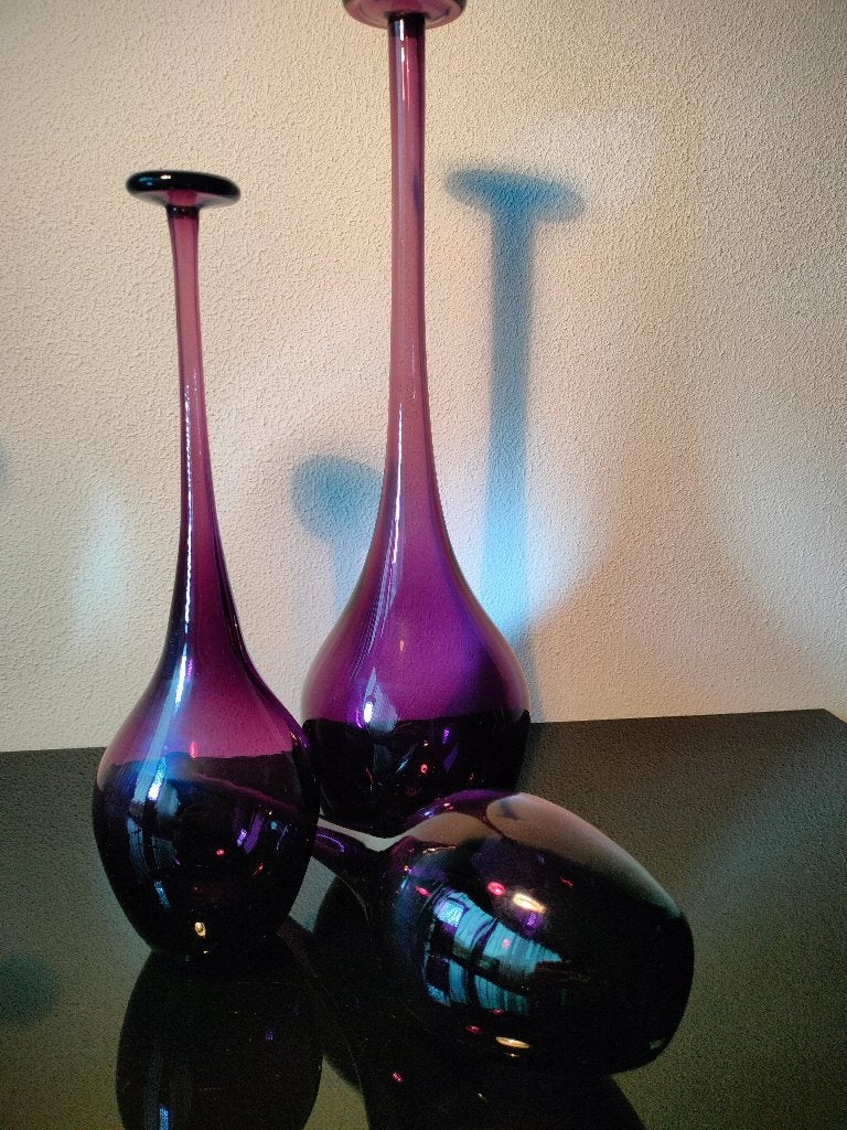 3 x Scandinavië Vaas Design Sculptuur Slank Paars Glas 1980, Ophalen of Verzenden