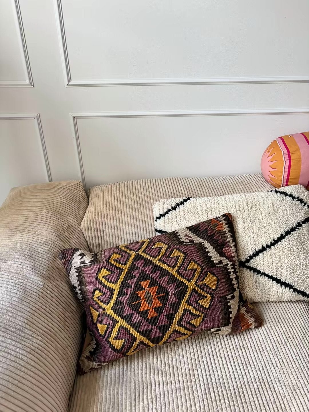 Handgemaakt kussen Marokko Marrakech kelim berber vintage, Meerkleurig, Ophalen of Verzenden, Zo goed als nieuw, Sierkussen