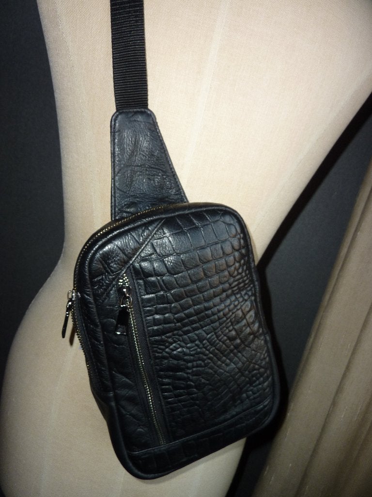 Artivo zwarte slingbag schoudertas crocoprint echt rundleer, Verzenden, Nieuw, Zwart, Leer