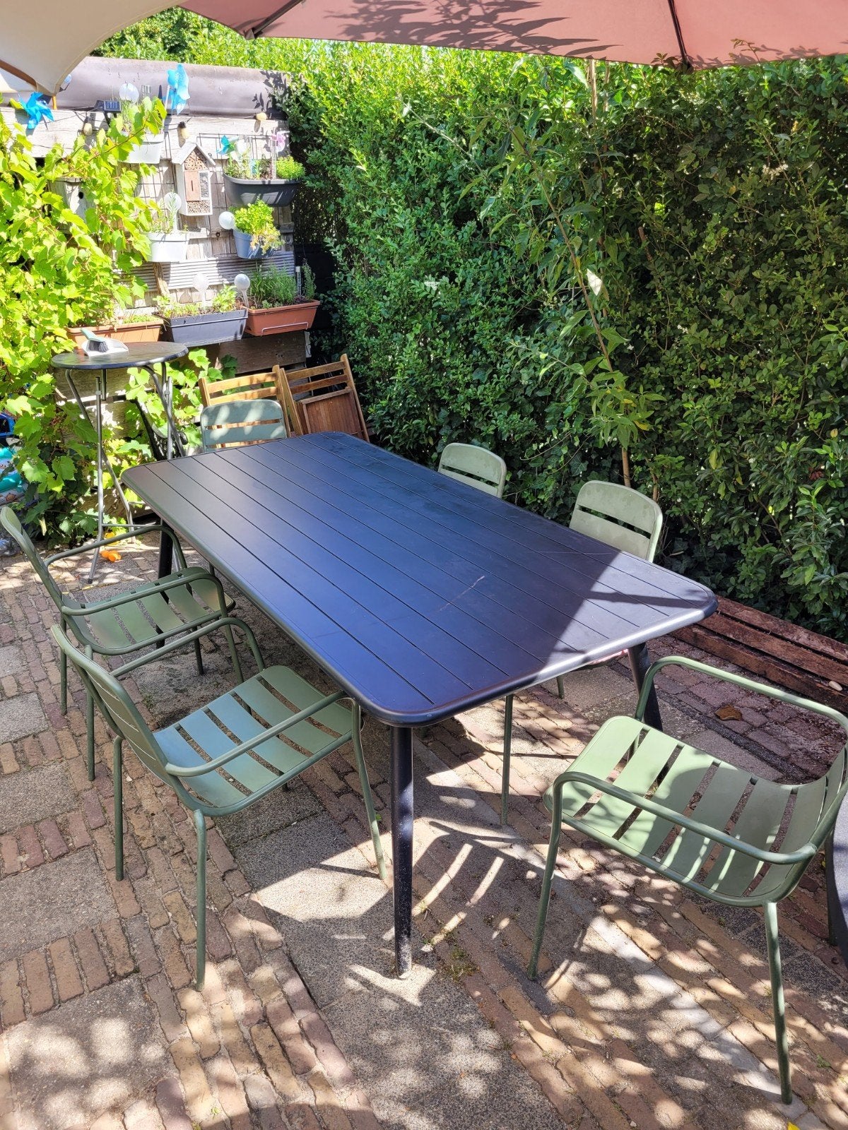 Design metalen tuintafel (210x95) met 6 stoelen, Tuin en Terras, Tuintafels, Gebruikt, Rechthoekig, Metaal, Ophalen
