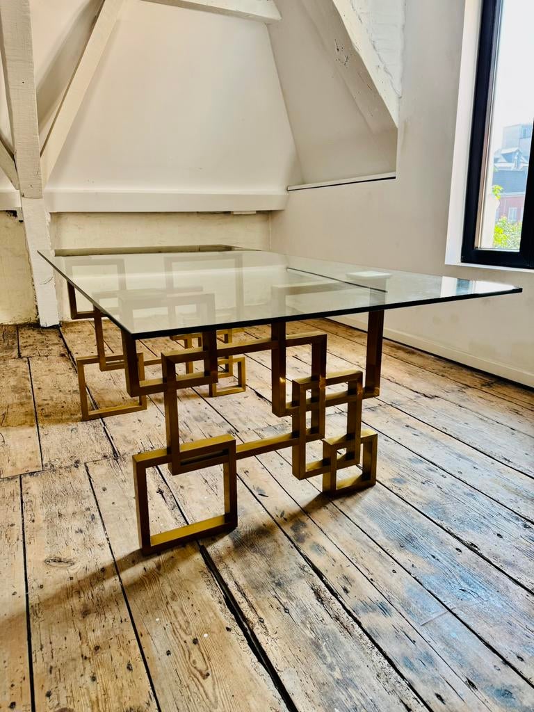 Statement tafel met glazen blad en geometrisch onderstel 2m, Huis en Inrichting, Tafels | Eettafels, Ophalen, 100 tot 150 cm, Glas