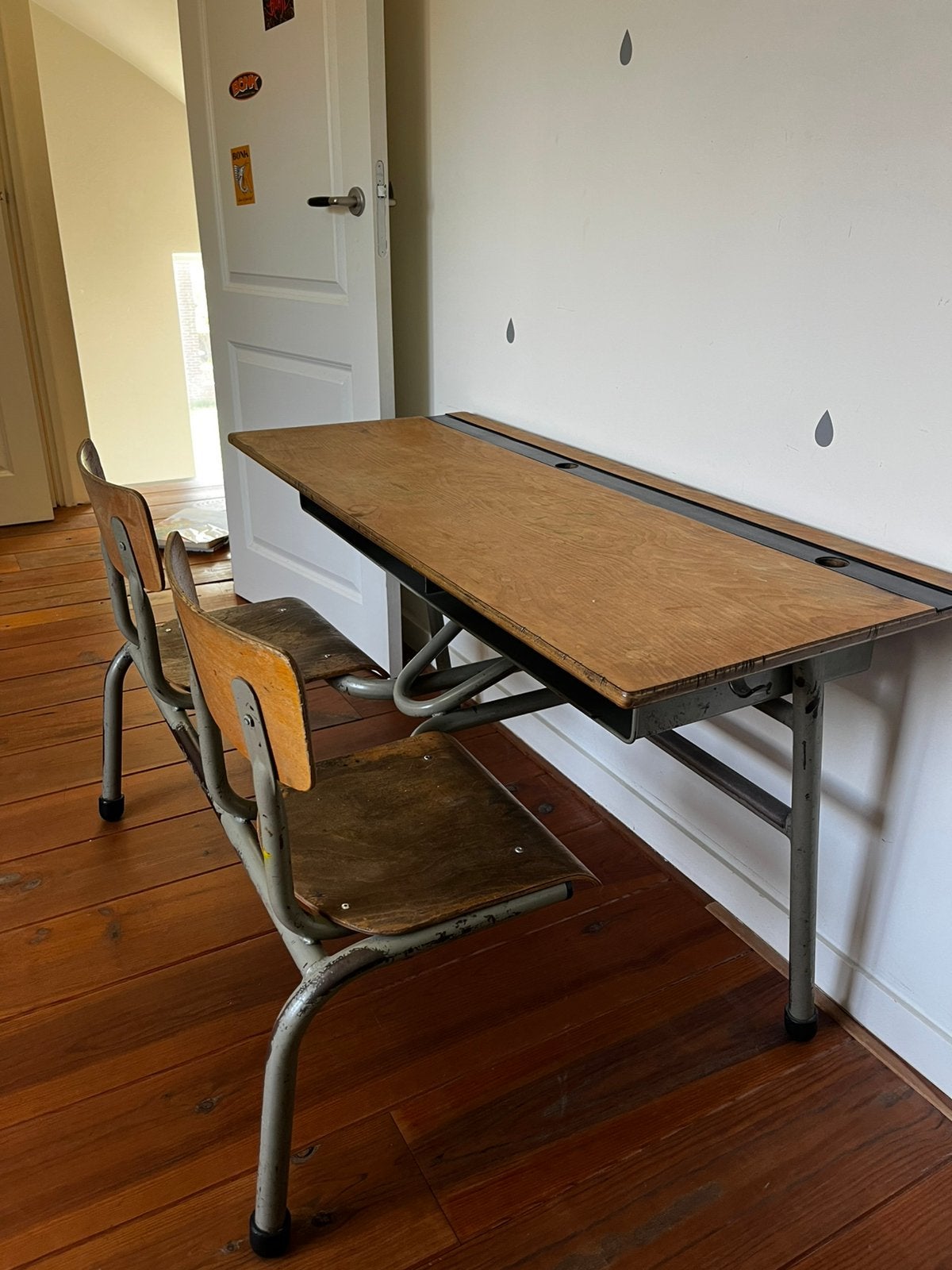 Vintage schoolbankje met opbergruimte, Ophalen, Gebruikt, Tafel(s) en Stoel(en)