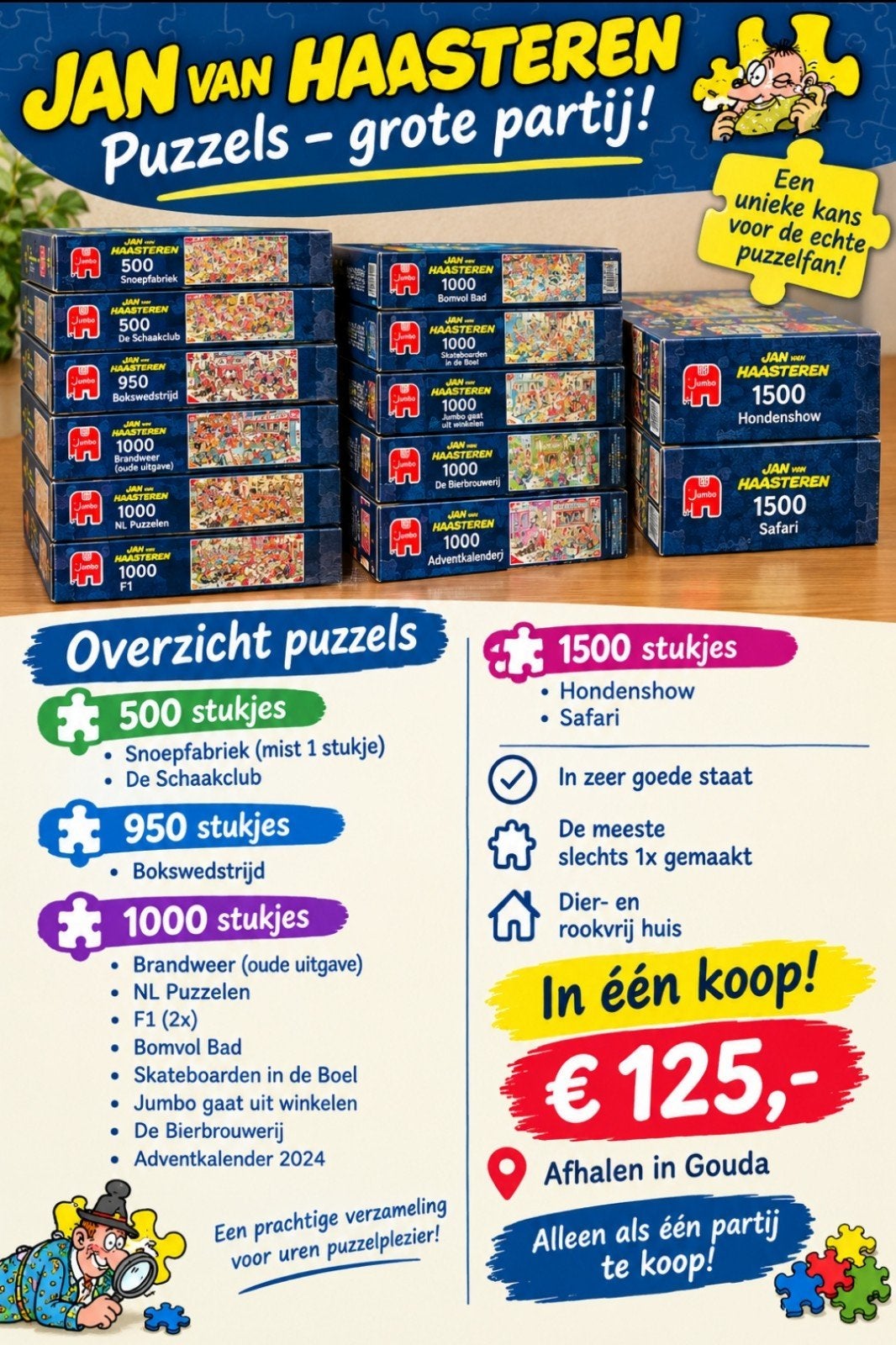 Grote partij Jan van Haasteren puzzels (15 stuks), Ophalen