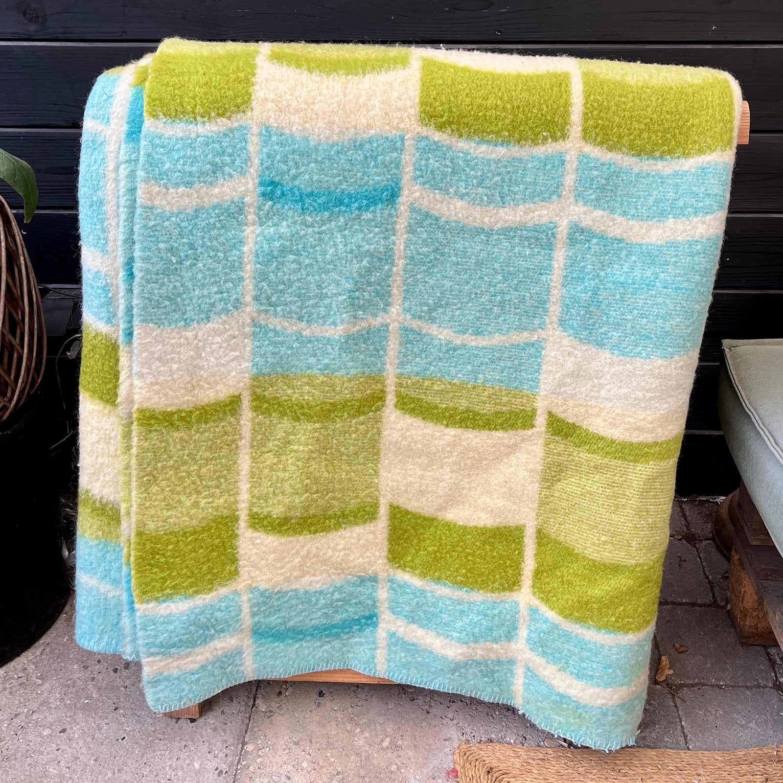 Vintage wollen deken van Zaalberg - lime turquoise creme, 220 cm, Woondeken, Wol, Ophalen of Verzenden