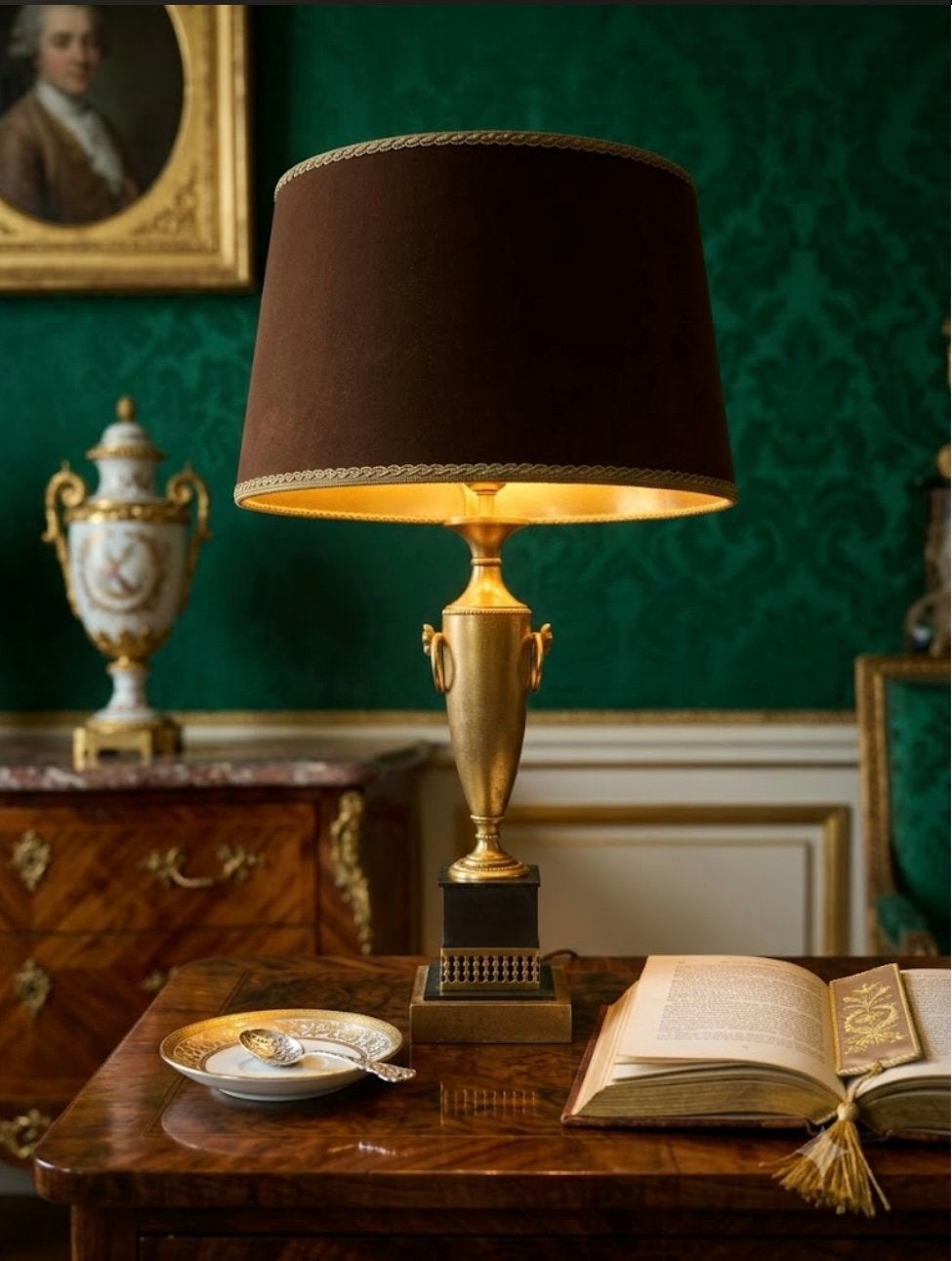 Boulanger Style Vaaslamp / Urnlamp – Messing & Fluwelen Kap, Antiek en Kunst, Ophalen of Verzenden