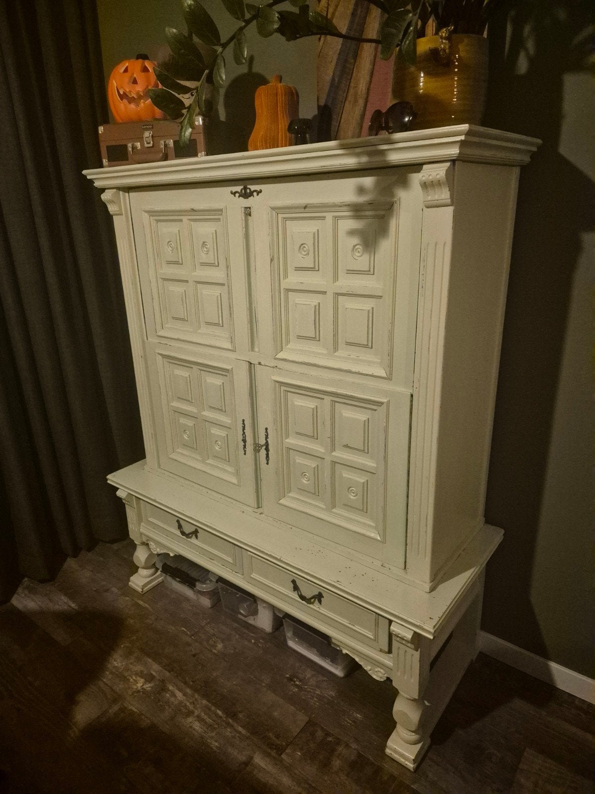 Antieke kast met secretaire functie - Crème/Groen, Antiek en Kunst, Antiek | Meubels | Kasten, Ophalen