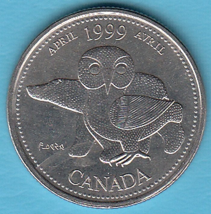 Canada 25 cent 1999 April met uil en beer in munthouder, Ophalen of Verzenden, Noord-Amerika, Losse munt