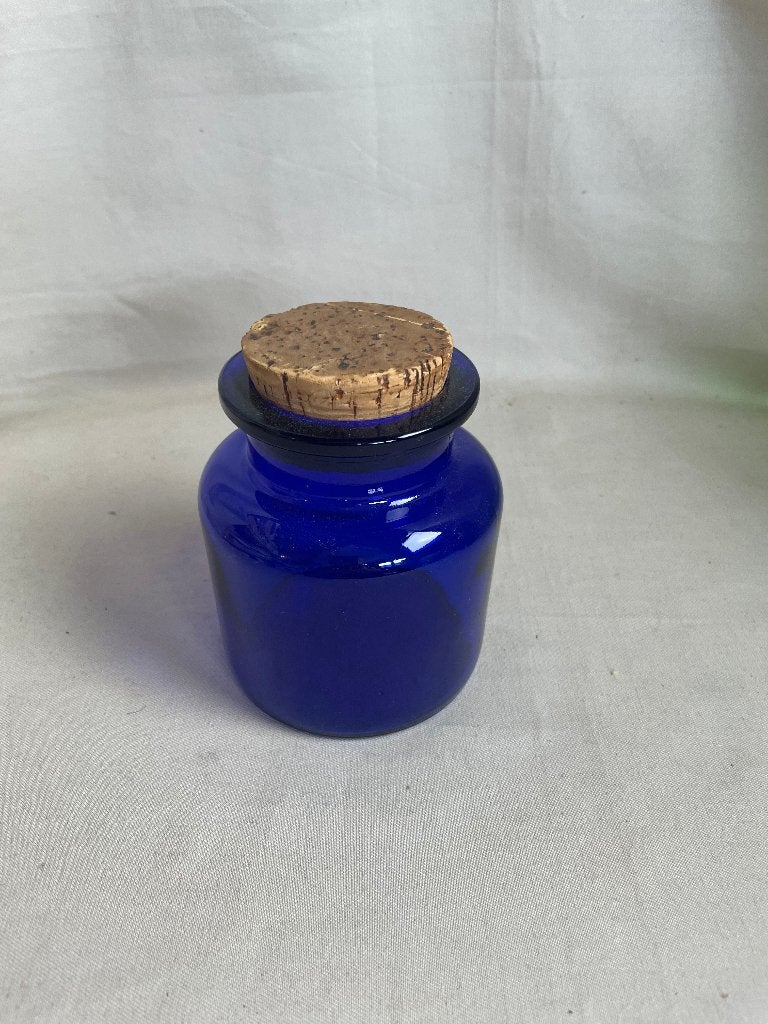 Vintage blauwe glazen pot met kurken stop jaren 70, Gebruikt, Pot, Bus of Blik, Ophalen of Verzenden, Glas