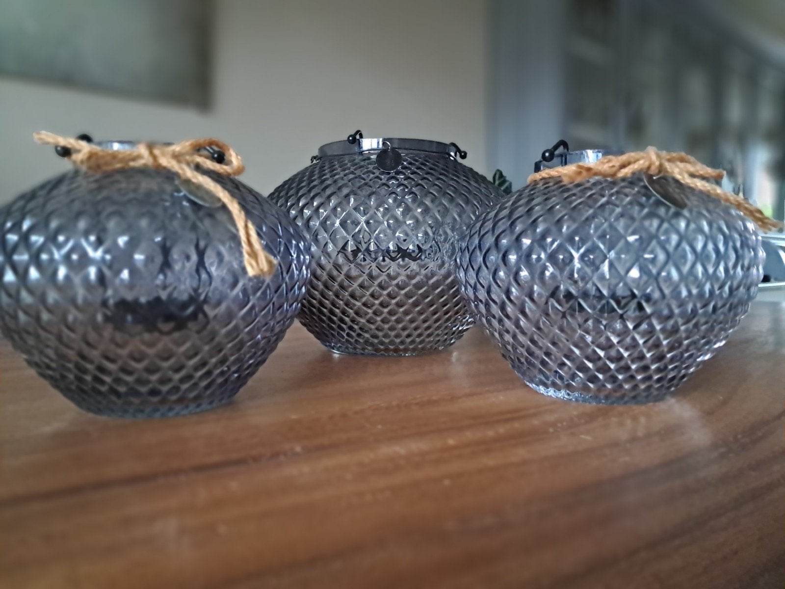 Set van 3 Riverdale windlichten, grijs glas, Riverdale, Waxinelichthouder, Ophalen of Verzenden, Grijs