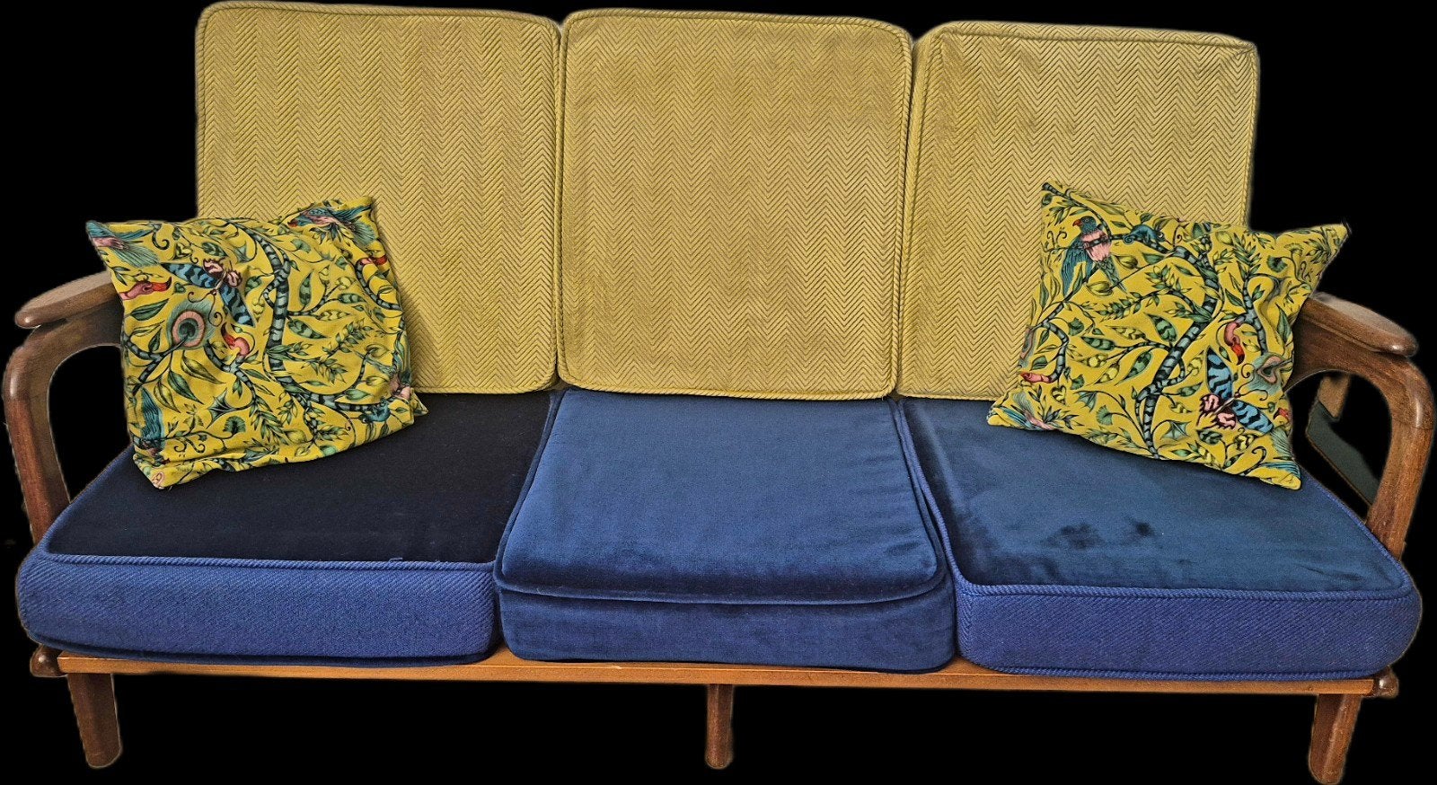 Vintage 3-zitsbank, houten frame en designer bekleding, Ophalen, Gebruikt, Stof, Vintage, Retro, Mid-century modern