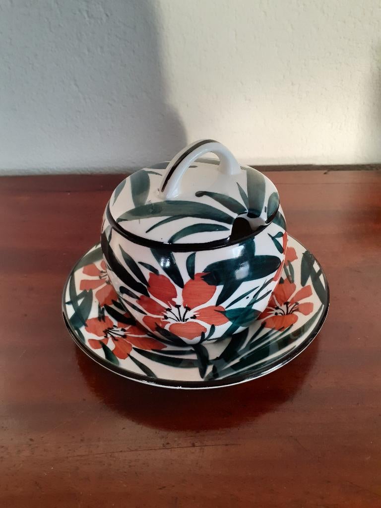 Vintage Schramberg majolica jampot op schotel, Antiek en Kunst, Antiek | Keramiek en Aardewerk, Ophalen of Verzenden