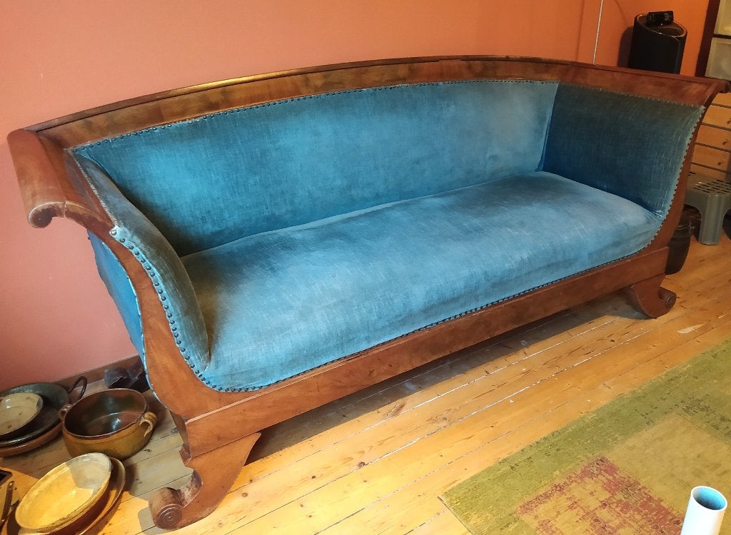 Antieke Biedermeier Sofa - Mahoniehout en Blauw Fluweel, Antiek en Kunst, Ophalen