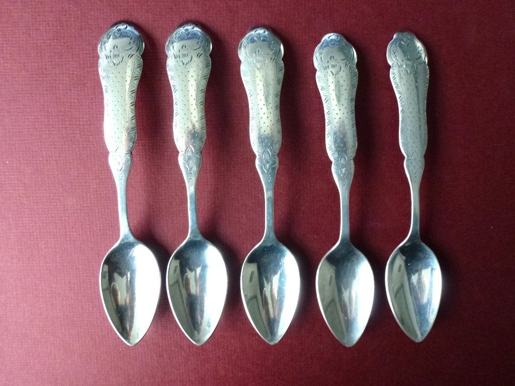 Biedermeier lepeltjes verzilverd 5 lepeltjes Douwe Egberts,, Ophalen of Verzenden