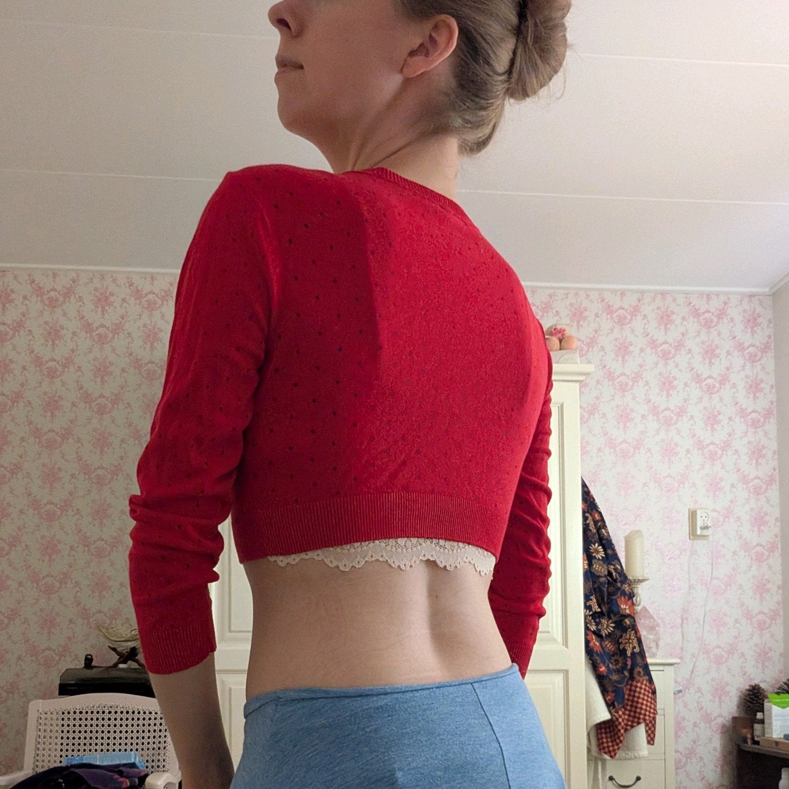 Rood kort Bolero vestje met zwarte stipjes - Maat S, Ophalen of Verzenden, Gedragen, Maat 36 (S), Rood