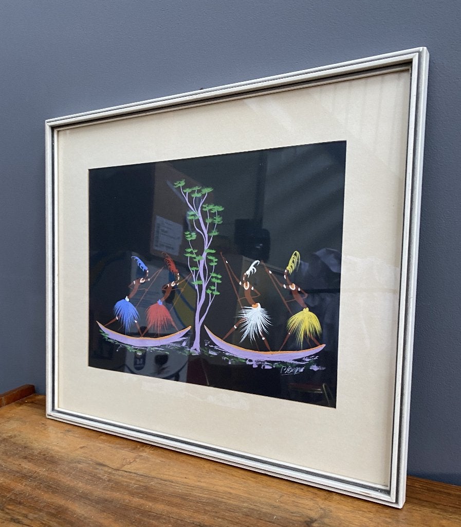 50 jaren verf schilderij Congo Afrikaanse mannen in boot, Antiek en Kunst, Kunst | Schilderijen | Klassiek, Overige onderwerpen