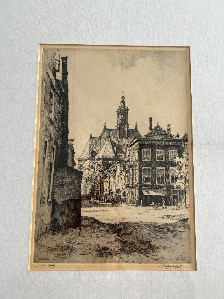 Ets van Den Haag van Roodenburg, Ophalen, Ingelijst, Ets, Stadsgezicht