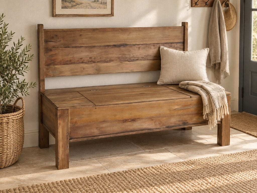 Nieuwe grote houten opbergbank met klep – magazijnopruiming, Info@decotradingtwente.nl, DTT, Ophalen of Verzenden, Rechte bank