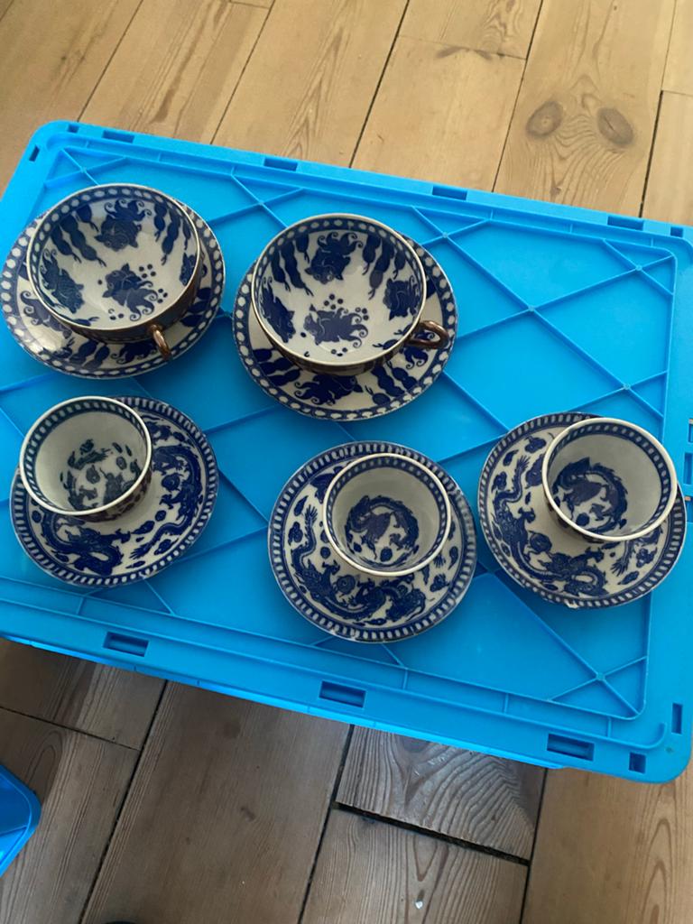 Set van 6 Chinese theekopjes met schotels, blauw-wit, Ophalen