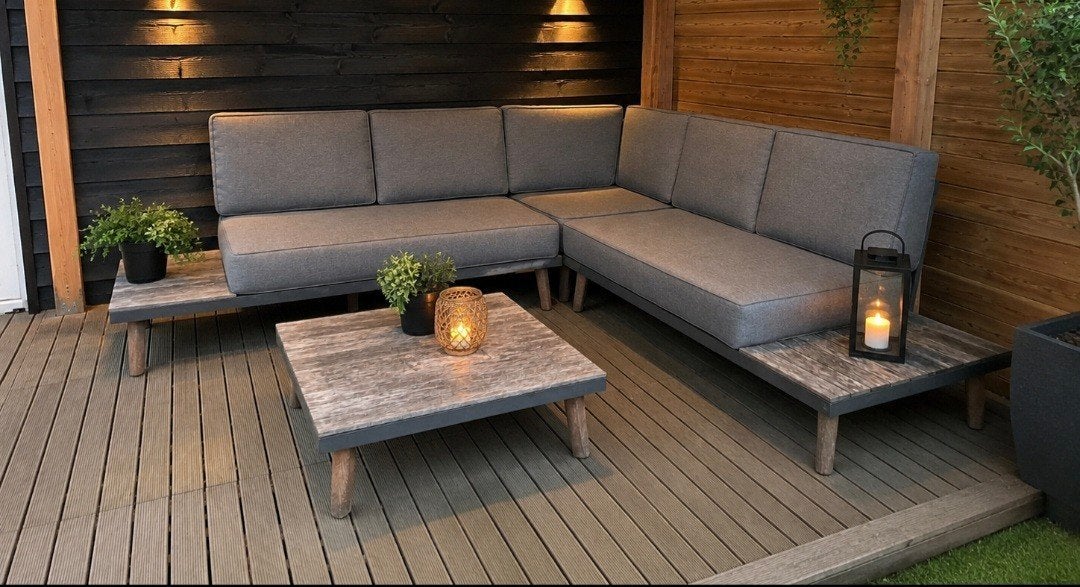 Prachtige loungeset aluminium en hout, z.g.a.n. kussens, Tuin en Terras, Tuinsets en Loungesets, Ophalen of Verzenden