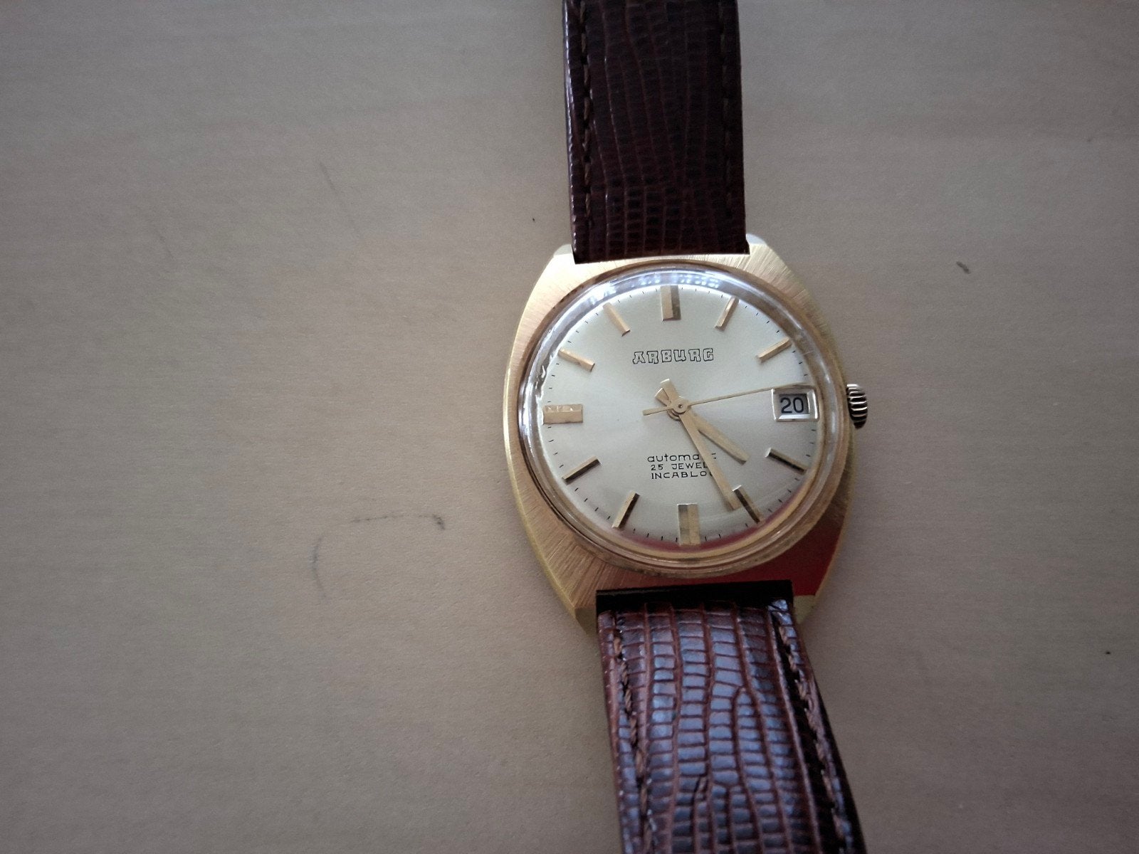 Vintage automatisch polshorloge Arburg Autorotor 25 Jewels, Overige merken, Overige materialen, Polshorloge, Verguld