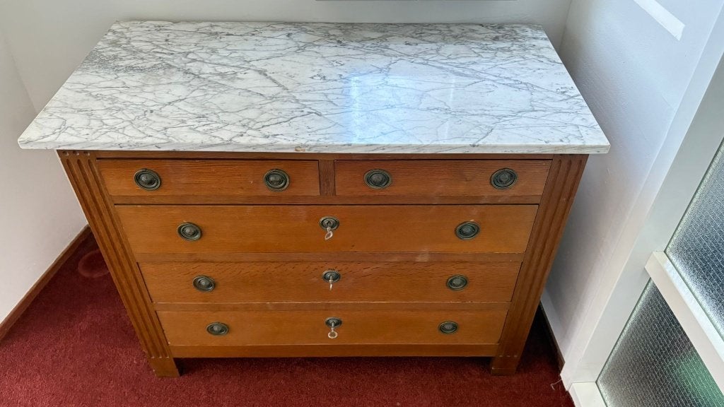 Mooie vintage ladenkast met origineel marmeren blad, Ophalen, Gebruikt, 50 tot 100 cm, 3 of 4 laden