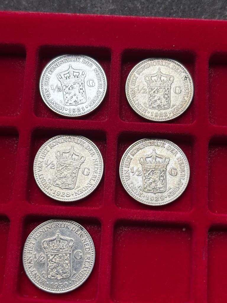 Zilveren 1/2 Guldens Wilhelmina (1921, 1922, 1928, 1929, 193, Postzegels en Munten, Munten | Nederland, ½ gulden, Setje, Zilver