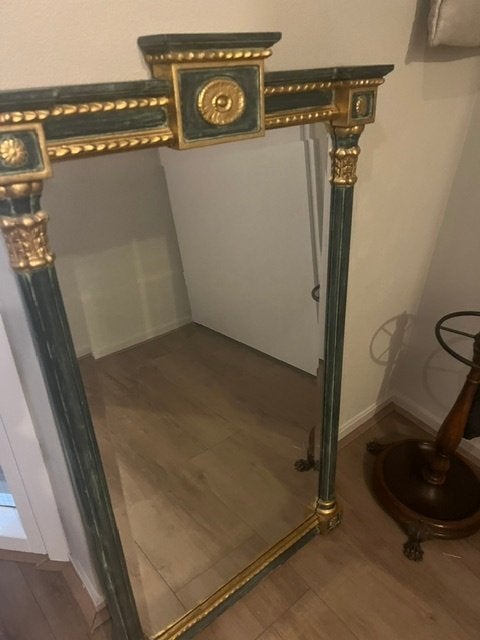 Handmade Kolomspiegel Groen/goud, Ophalen, 100 tot 150 cm, Zo goed als nieuw, Rechthoekig