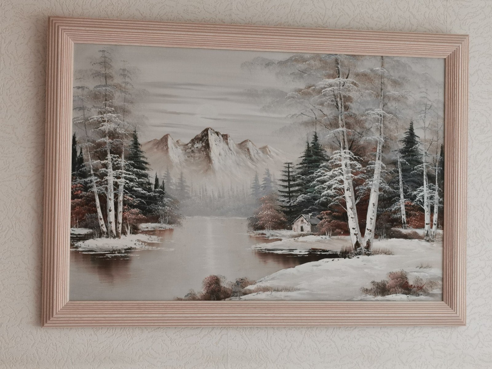 Schilderij Winterlandschap met Bergen en Meer, 100x70cm, Ophalen, Doek, Realistisch, Landschap