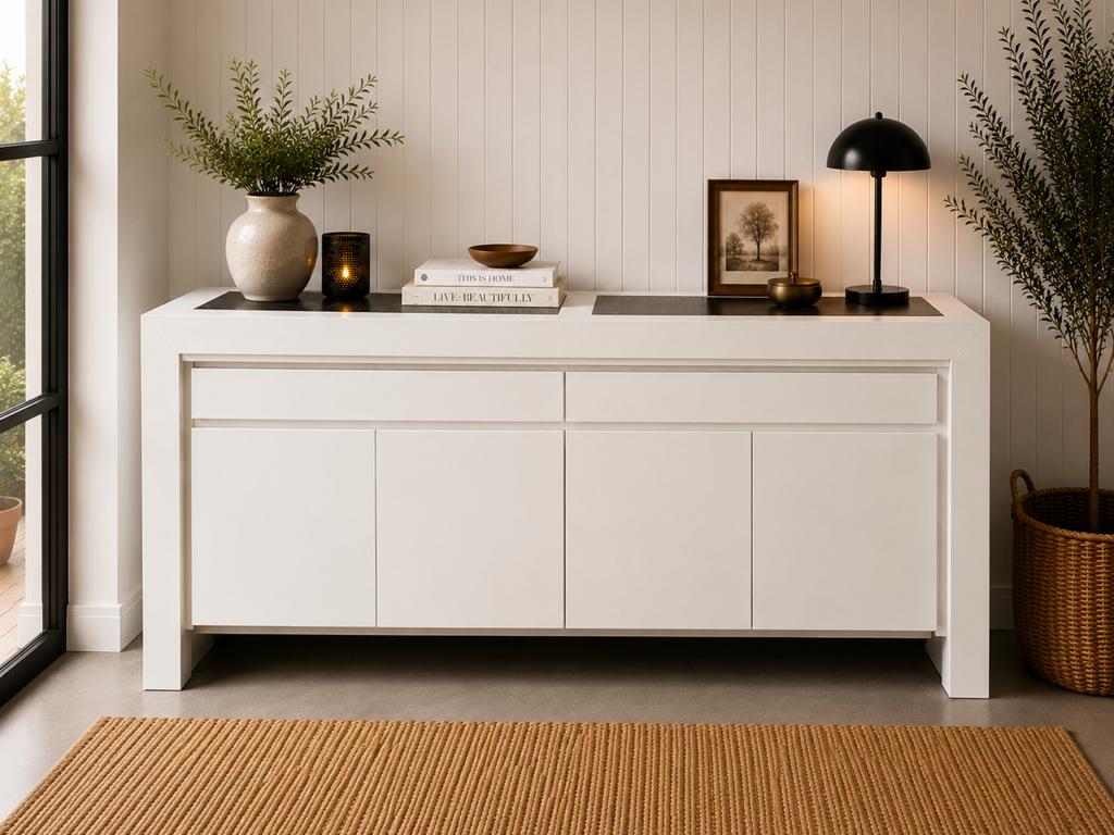 Witte design dressoir / tv-meubel met Belgisch inlegblad, Huis en Inrichting, Kasten | Dressoirs, Ophalen, Met deur(en), Zo goed als nieuw