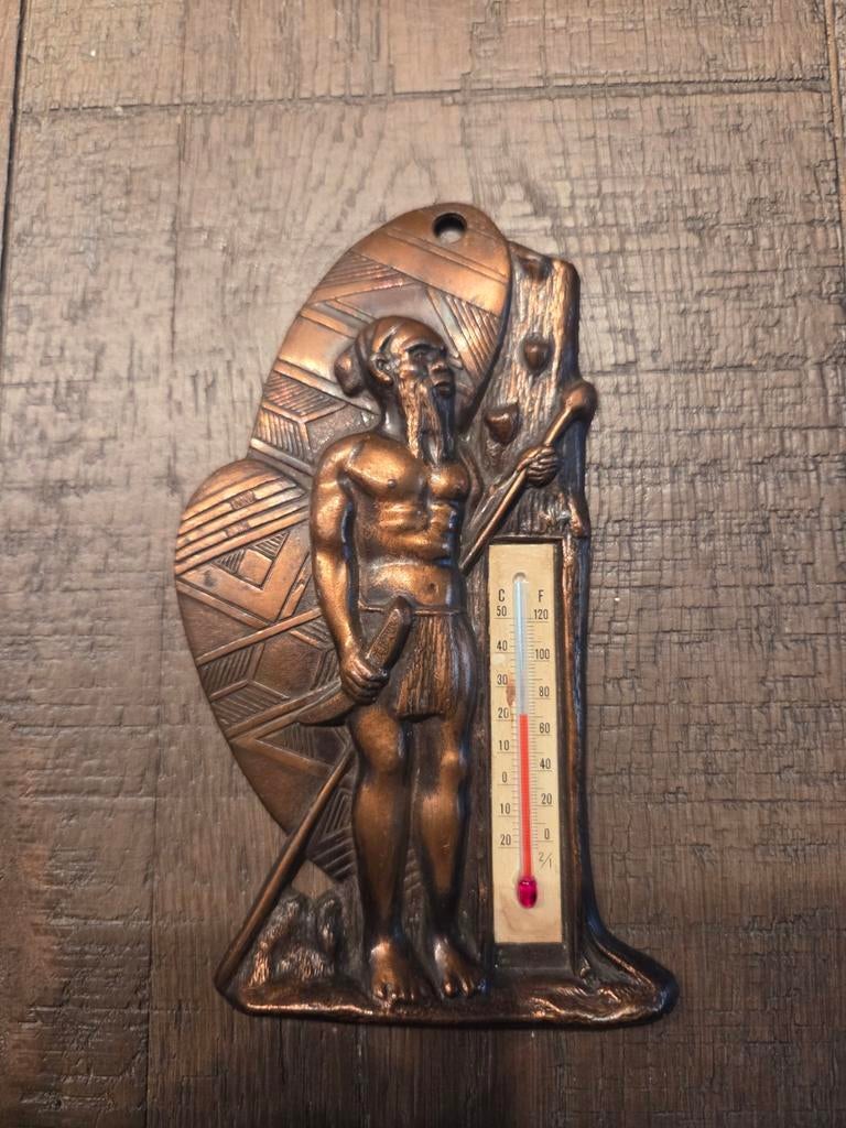 Vintage Koperen Thermometer met Afrikaanse Figuur, Antiek en Kunst, Ophalen of Verzenden