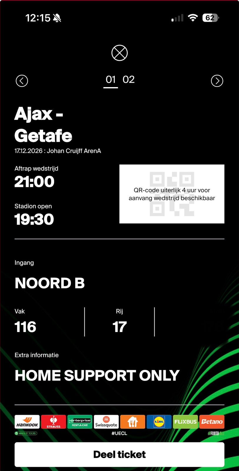 Ajax - Getafe | 2 kaarten, Tickets en Kaartjes, Losse kaart, Twee personen, December, Europa of Champions League