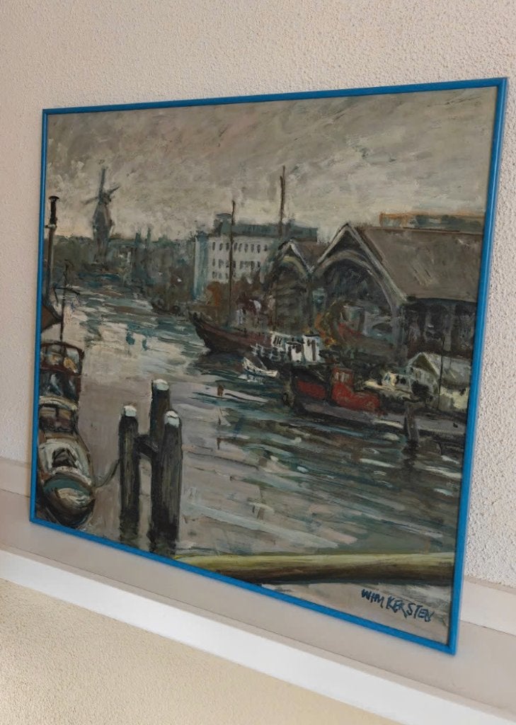 Schilderij Wim Kersten - Hoogte Kadijk Amsterdam (1988), Ophalen, Maritiem / water, Nederlandse school, Doek