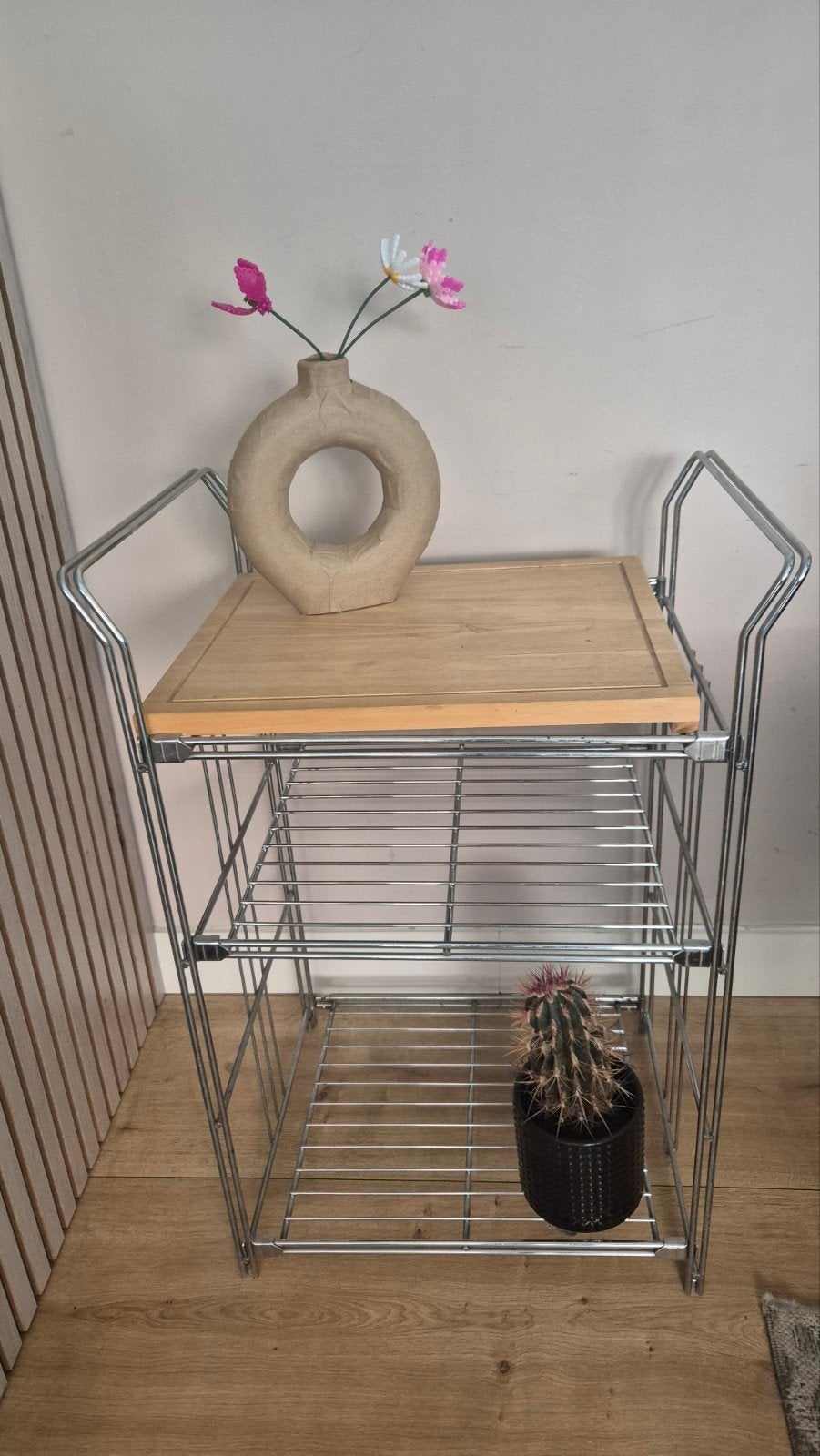 Handige Keukentrolley / Rek met Houten Werkblad, Gebruikt, Ophalen of Verzenden, Metaal, Zilver