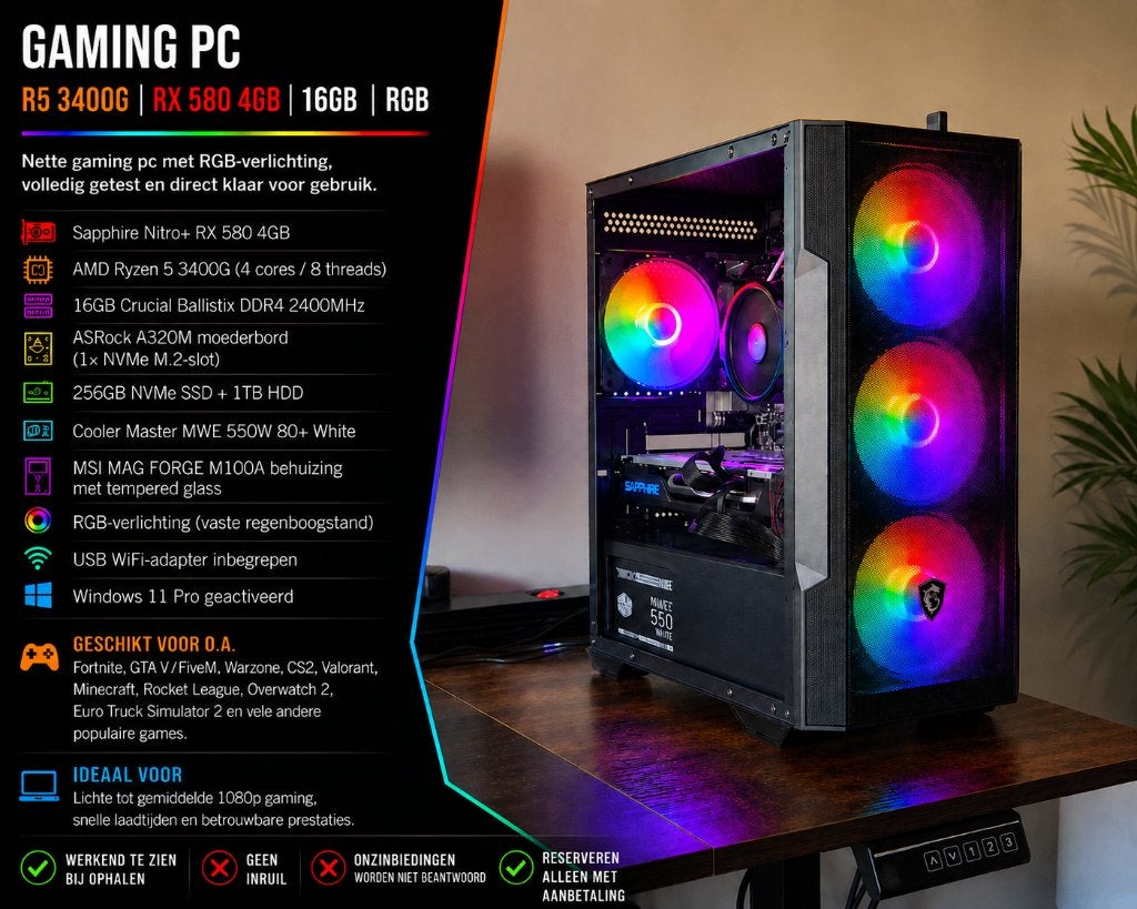 Lichte Gaming PC | RX 580 4GB | Ryzen 5 3400G | 16GB DDR4 |, HDD, Refurbished, Gaming, Met videokaart