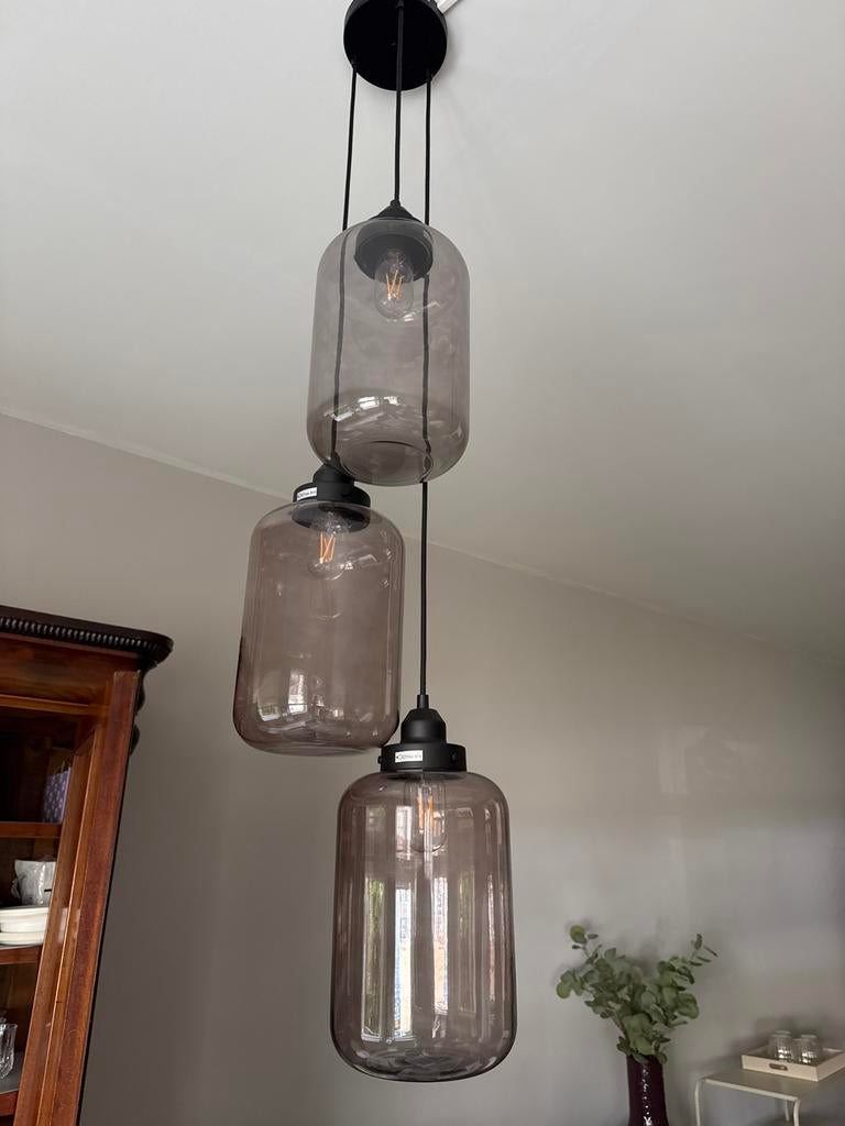 Hanglampen set 3 stuks rookglas met extra kelken, Ophalen of Verzenden, Zo goed als nieuw, Glas, 75 cm of meer