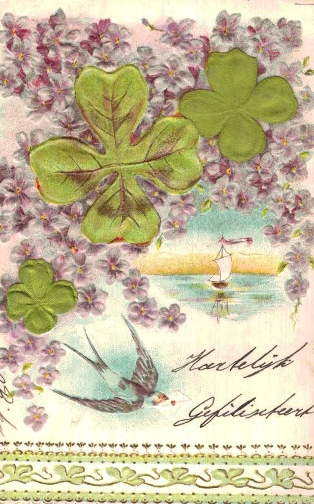 Oude Ansichtkaart: Klavertje Vier, Zwaluw & Zeegezicht, Ophalen of Verzenden, Voor 1920, Ongelopen, Natuur