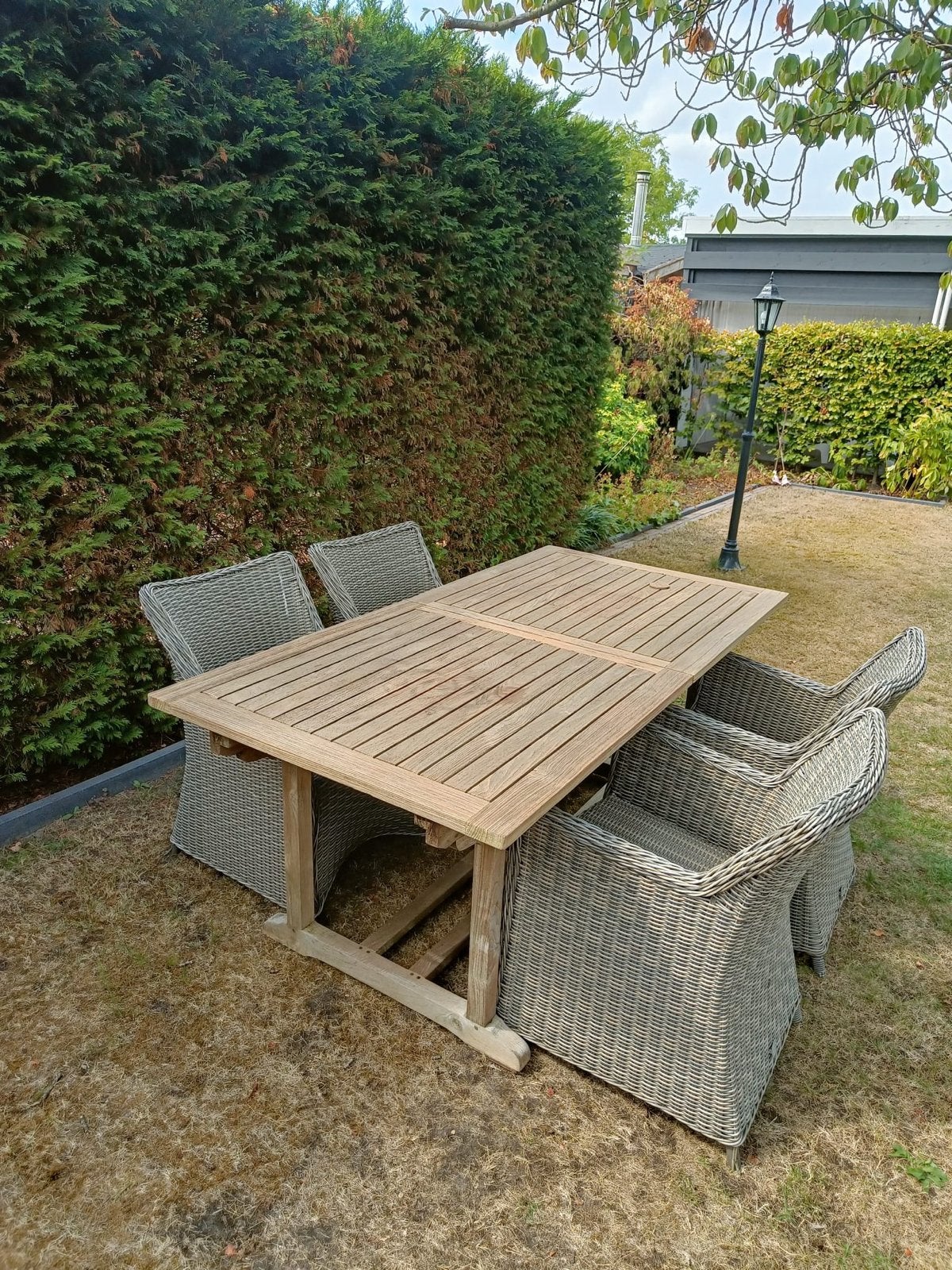 Teakhouten tuintafel met 4 wicker stoelen, Tuin en Terras, Ophalen, Gebruikt, Rechthoekig, Teakhout
