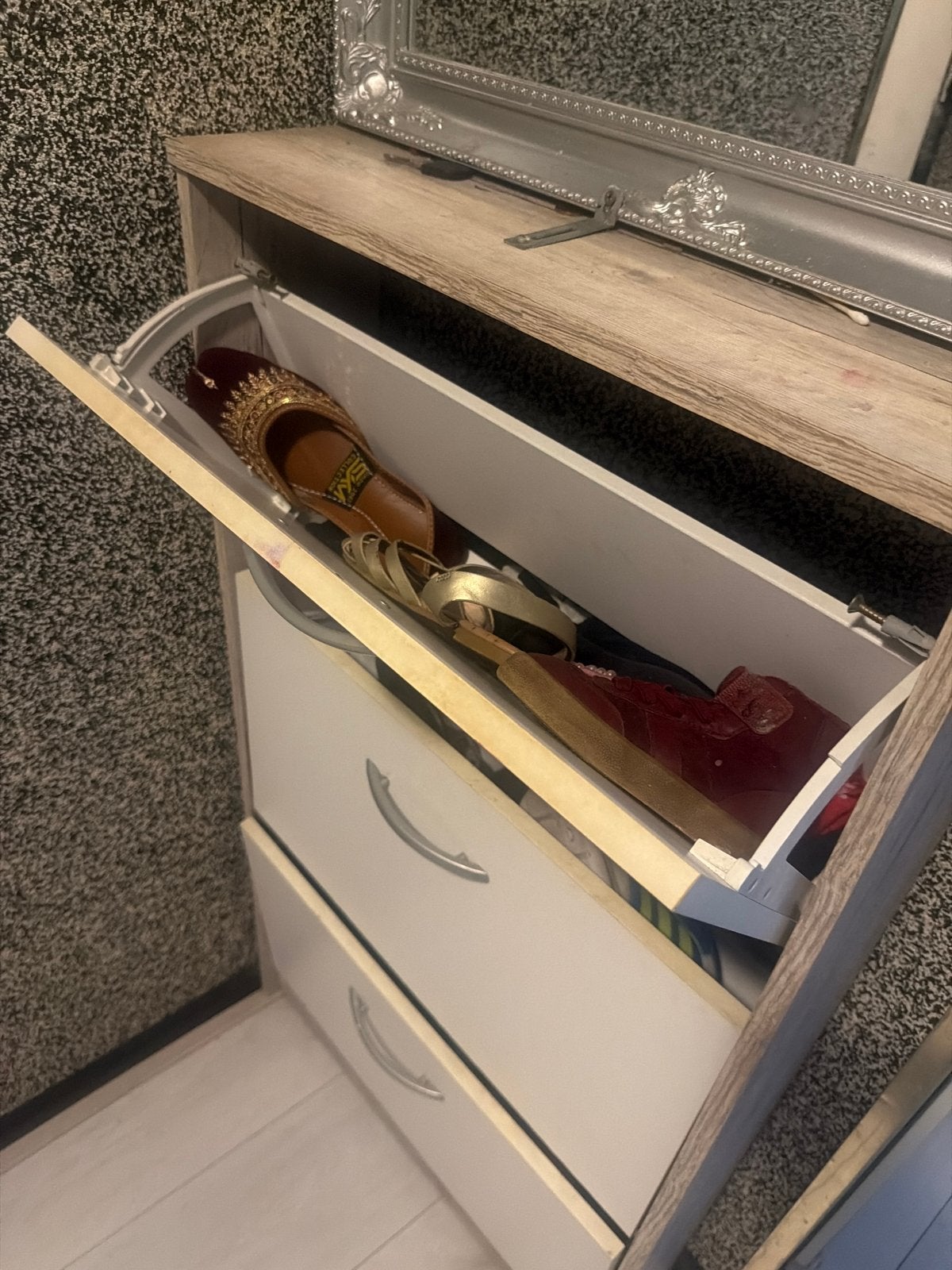 Schoenenkast met 3 vakken - wit met houtlook, Ophalen of Verzenden, Gebruikt