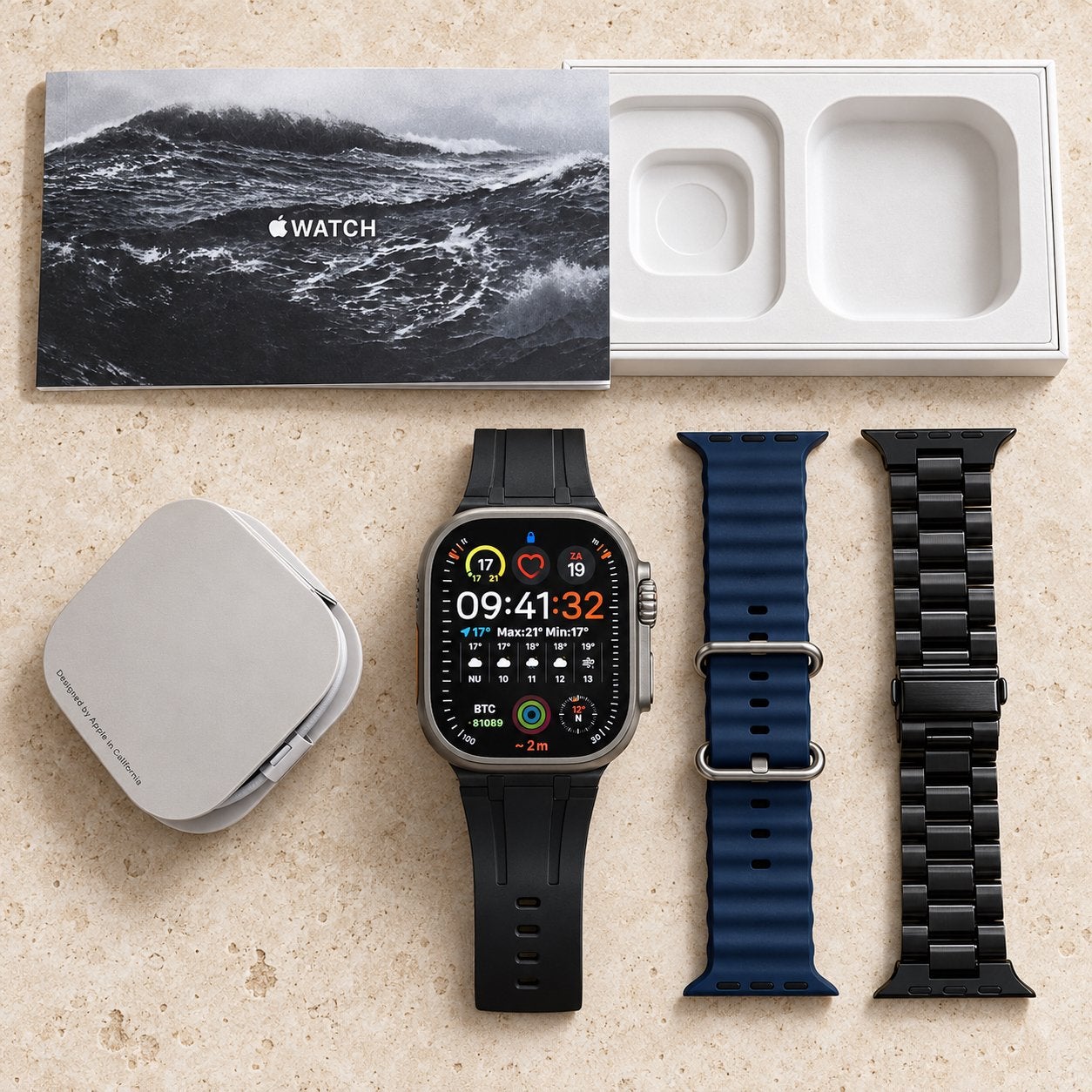 Apple Watch Ultra 2 incl. meerdere bandjes & oplader, Stappen, Zwart, IOS, Ophalen of Verzenden