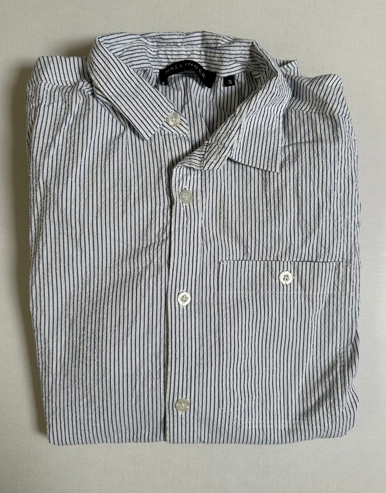 Hallinger overhemd blauw gestreept, maat S, Verzenden, Zo goed als nieuw, Blauw, Halswijdte 38 (S) of kleiner