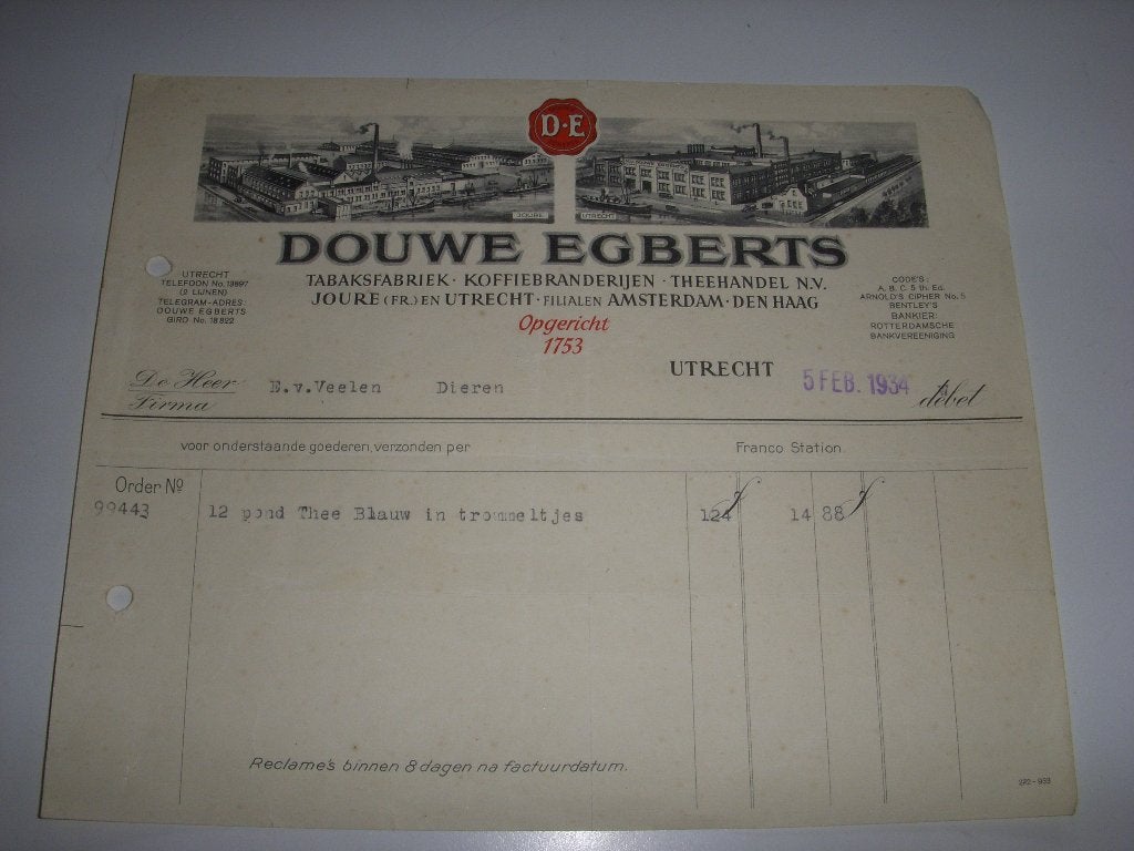 OUDE nota Douwe Egberts 5 februari 1934, Verzamelen, Ophalen of Verzenden, Gebruikt, Gebruiksvoorwerp