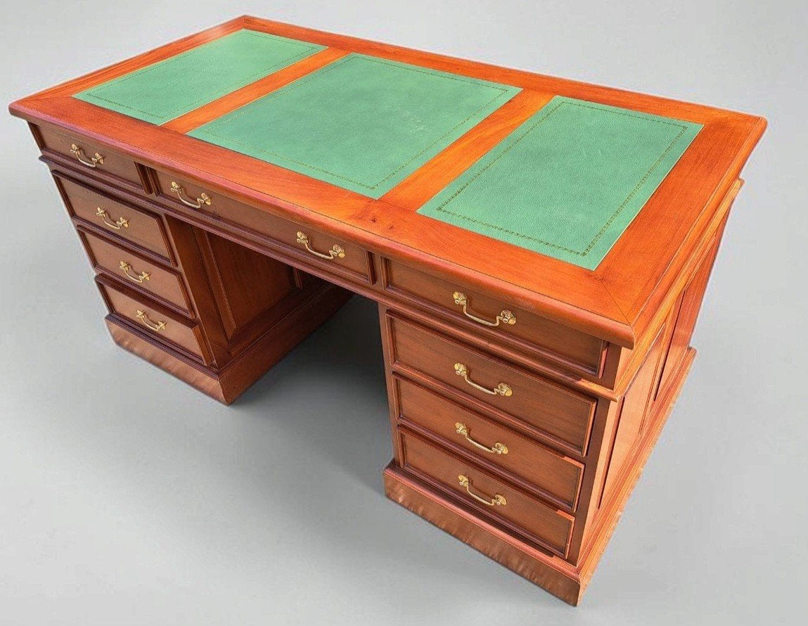 Klassieke Engelse schrijftafel, bureau, desk, met lederen in, Ophalen of Verzenden