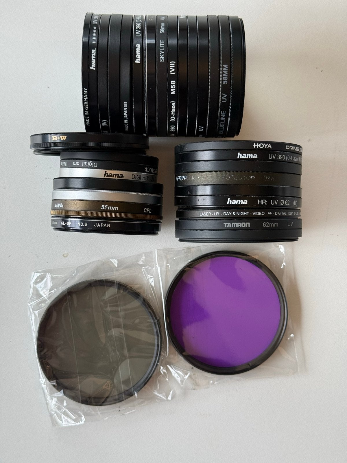 Grote collectie camera filters (UV, CPL, Skylight, etc.), Hama, Met schroefdraad, Gebruikt, 60 tot 70 mm