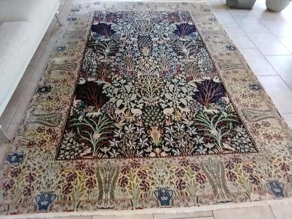 Zeldzaam vintage blauw levensboom tapijt, Gebruikt, Blauw, 200 cm of meer, Dieren, bloemen, planten