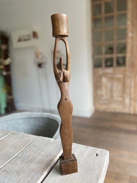 Vintage gestyleerde houten kandelaar vrouw. Ghana Afrika, Bruin, Afrika, 45 cm, Gesneden