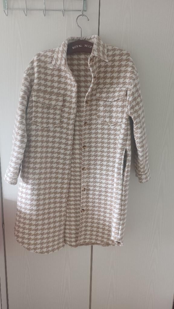 Lange nette damesjas (M/L) in dogtooth patroon, Kleding | Dames, Maat 38/40 (M), Beige, Ophalen of Verzenden, Drôle de copine Paris