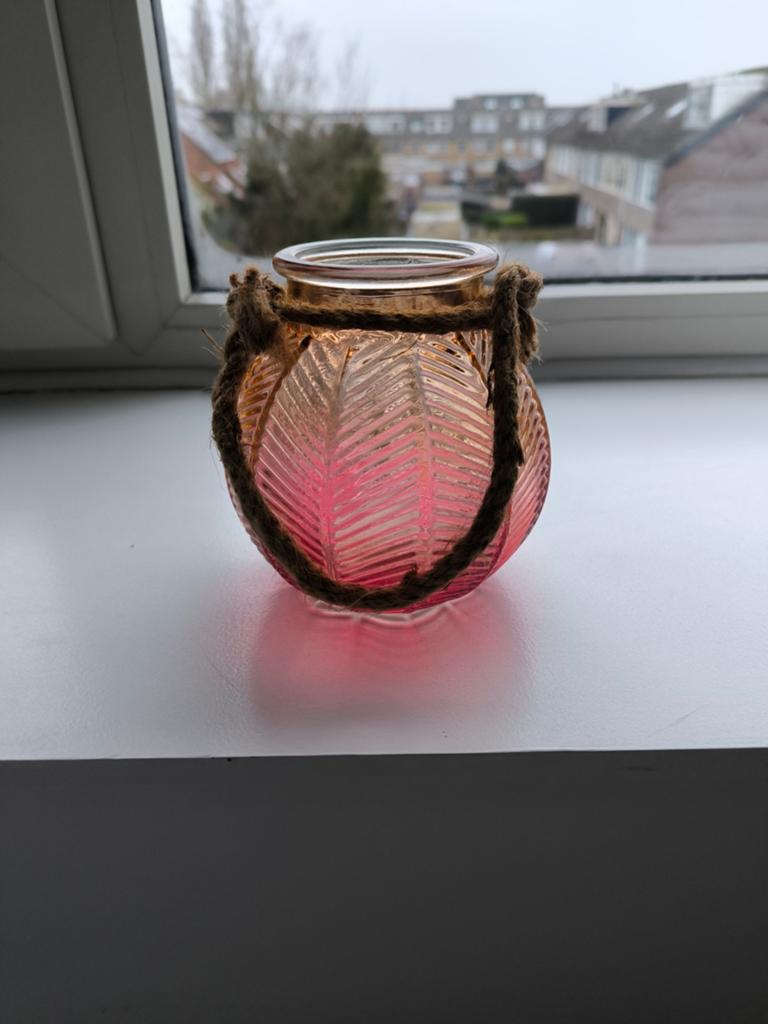 Sfeervol windlicht van glas met touwdecoratie, Roze, Ophalen of Verzenden, Glas, Landelijk