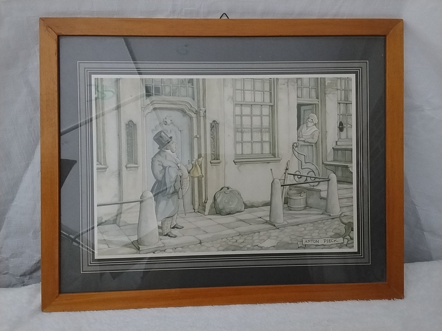 Anton Pieck Prent: Man voor de deur, Ophalen of Verzenden, Print, Prent, Ingelijst