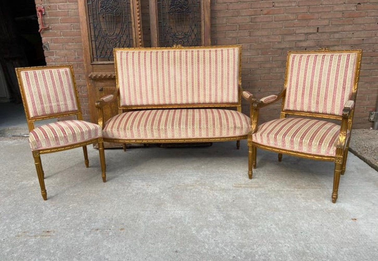 Salonset Louis XVI stijl - bank + 2 fauteuils, Ophalen, Gebruikt, Vintage