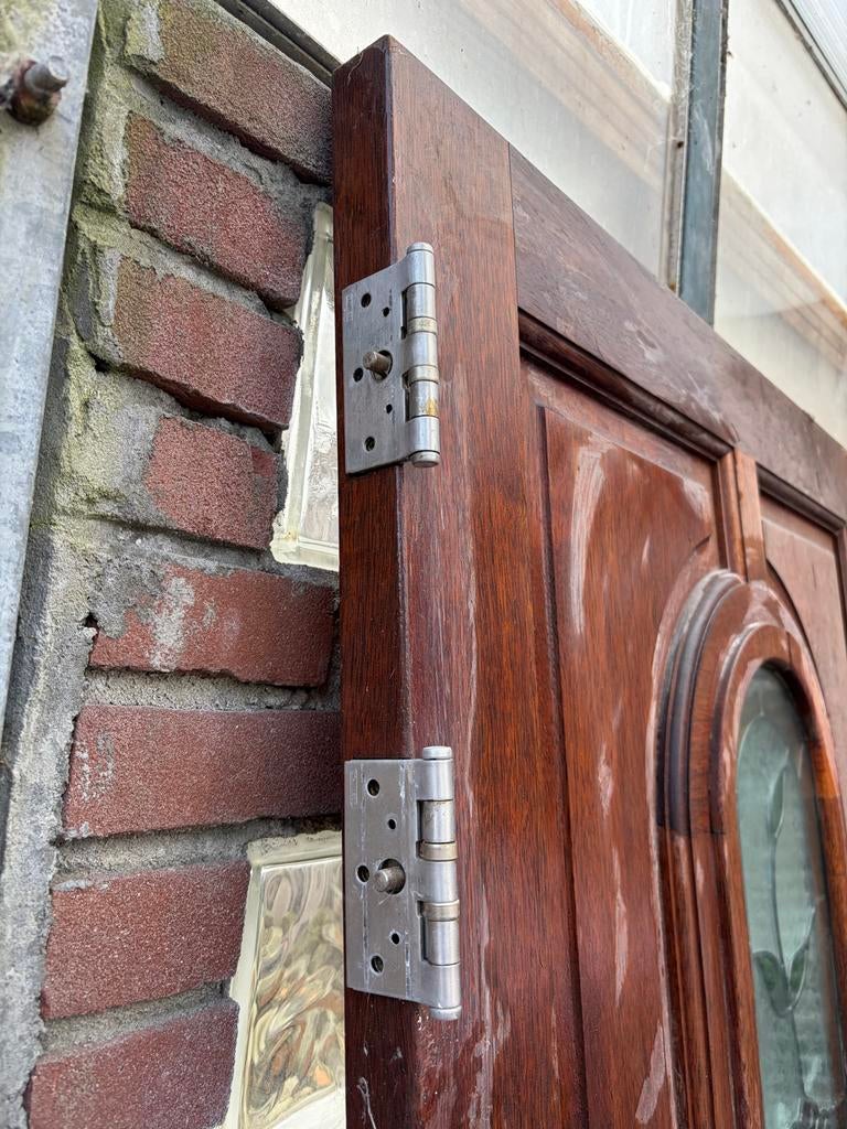 Massieve houten buitendeur met glas-in-lood, Ophalen, Gebruikt, 80 tot 100 cm, Buitendeur